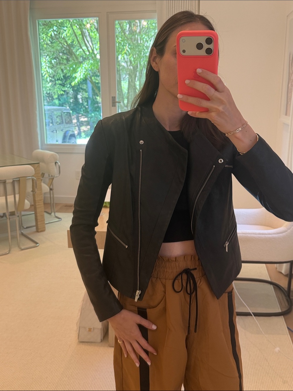 Veda Black Leather Moto Jacket with Silver Hardware